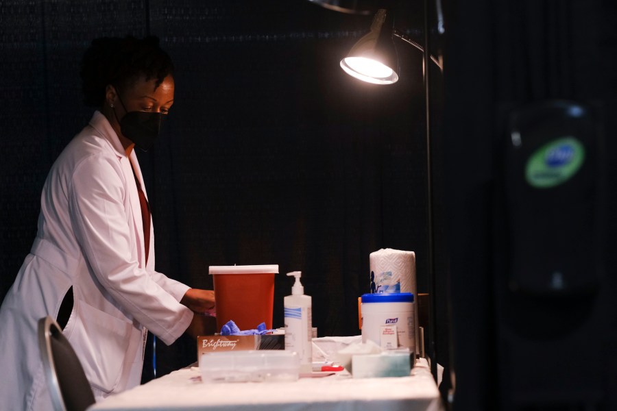 A vaccine station is prepared for Michigan Governor Gretchen Whitmer and a group of "COVID-19 Student Ambassadors" to receive a dose of the Pfizer Covid vaccine at Ford Field on April 6, 2021 in Detroit, Michigan. (Matthew Hatcher/Getty Images)