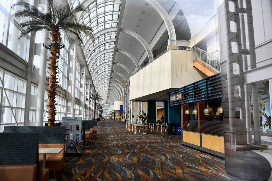 A concourse is seen inside the Long Beach Convention Center on April 7, 2021 in Long Beach. (PATRICK T. FALLON/AFP via Getty Images)