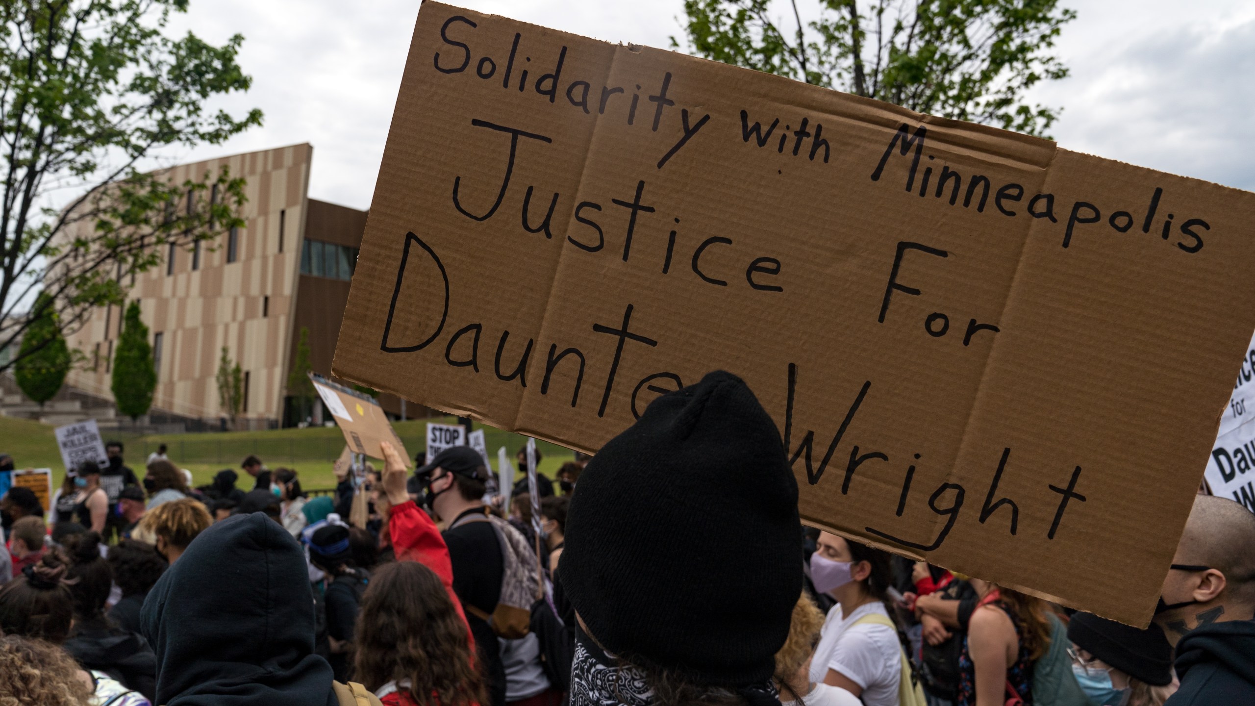 Demonstrators march to the National Center for Civil and Human Rights while protesting the shooting death of Daunte Wright on April 14, 2021, in Atlanta, Georgia. (Megan Varner/Getty Images)