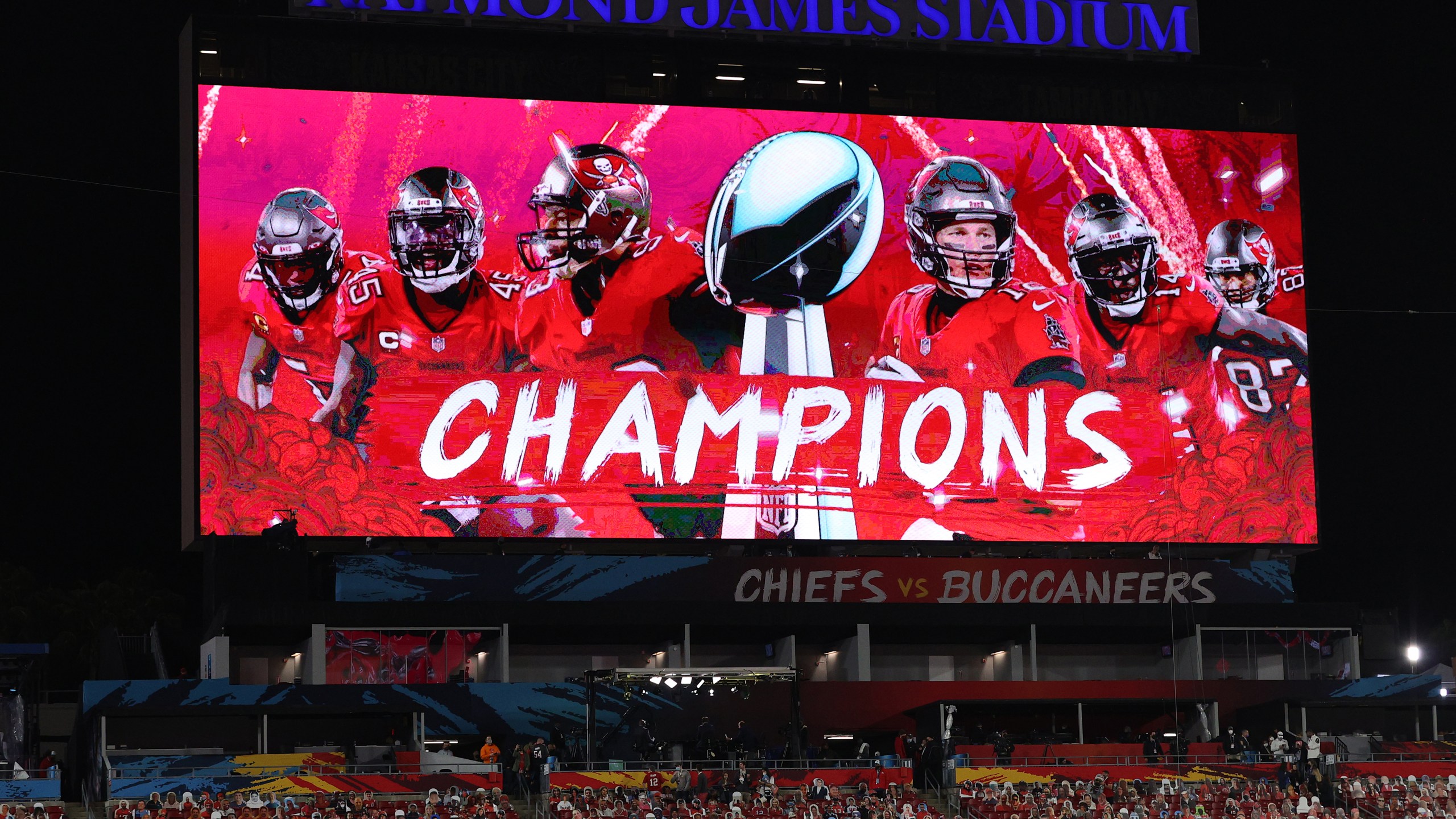 The scoreboard is seen after the Tampa Bay Buccaneers defeated the Kansas City Chiefs in Super Bowl LV at Raymond James Stadium in Tampa, Florida, on Feb. 7, 2021. (Patrick Smith / Getty Images)