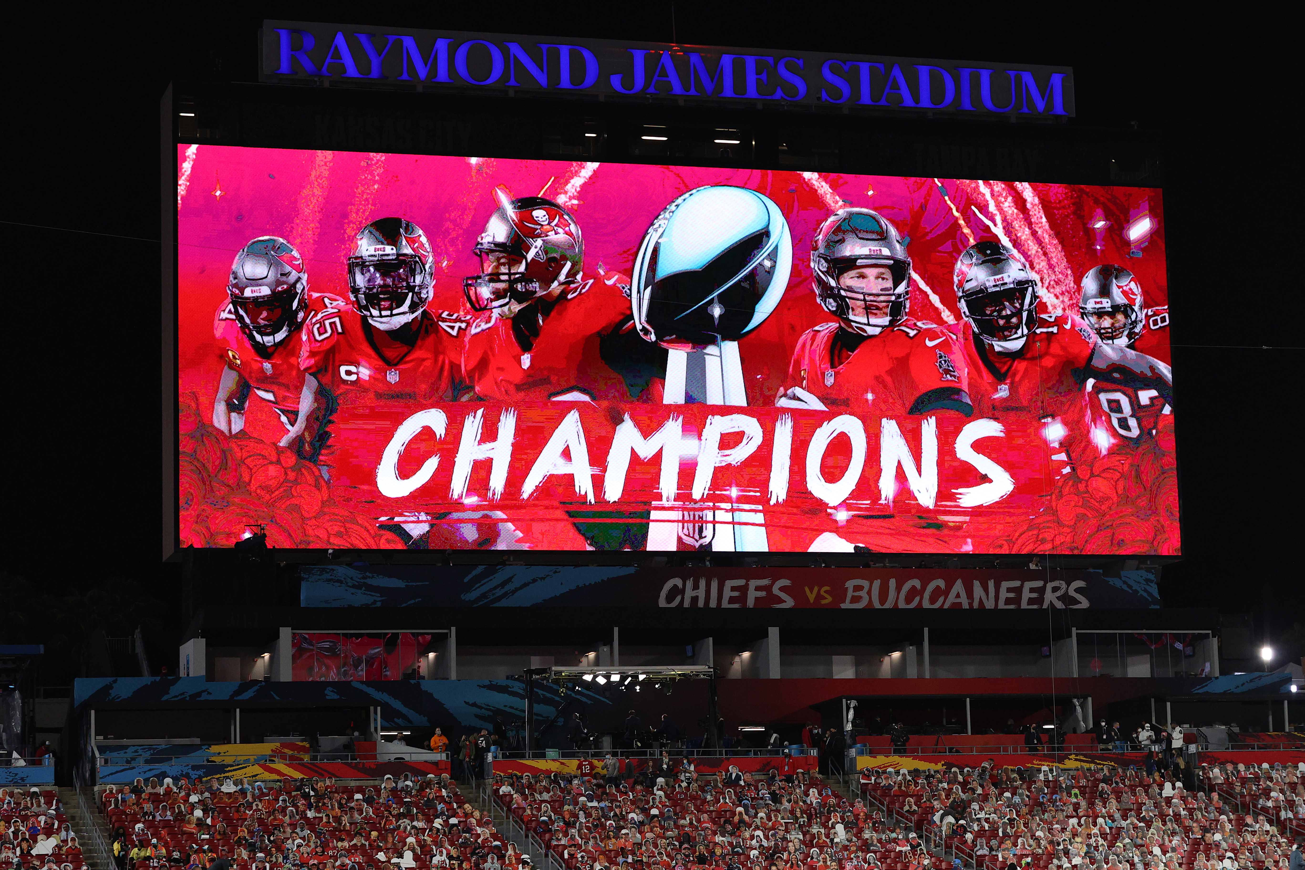 The scoreboard is seen after the Tampa Bay Buccaneers defeated the Kansas City Chiefs in Super Bowl LV at Raymond James Stadium in Tampa, Florida, on Feb. 7, 2021. (Patrick Smith / Getty Images)