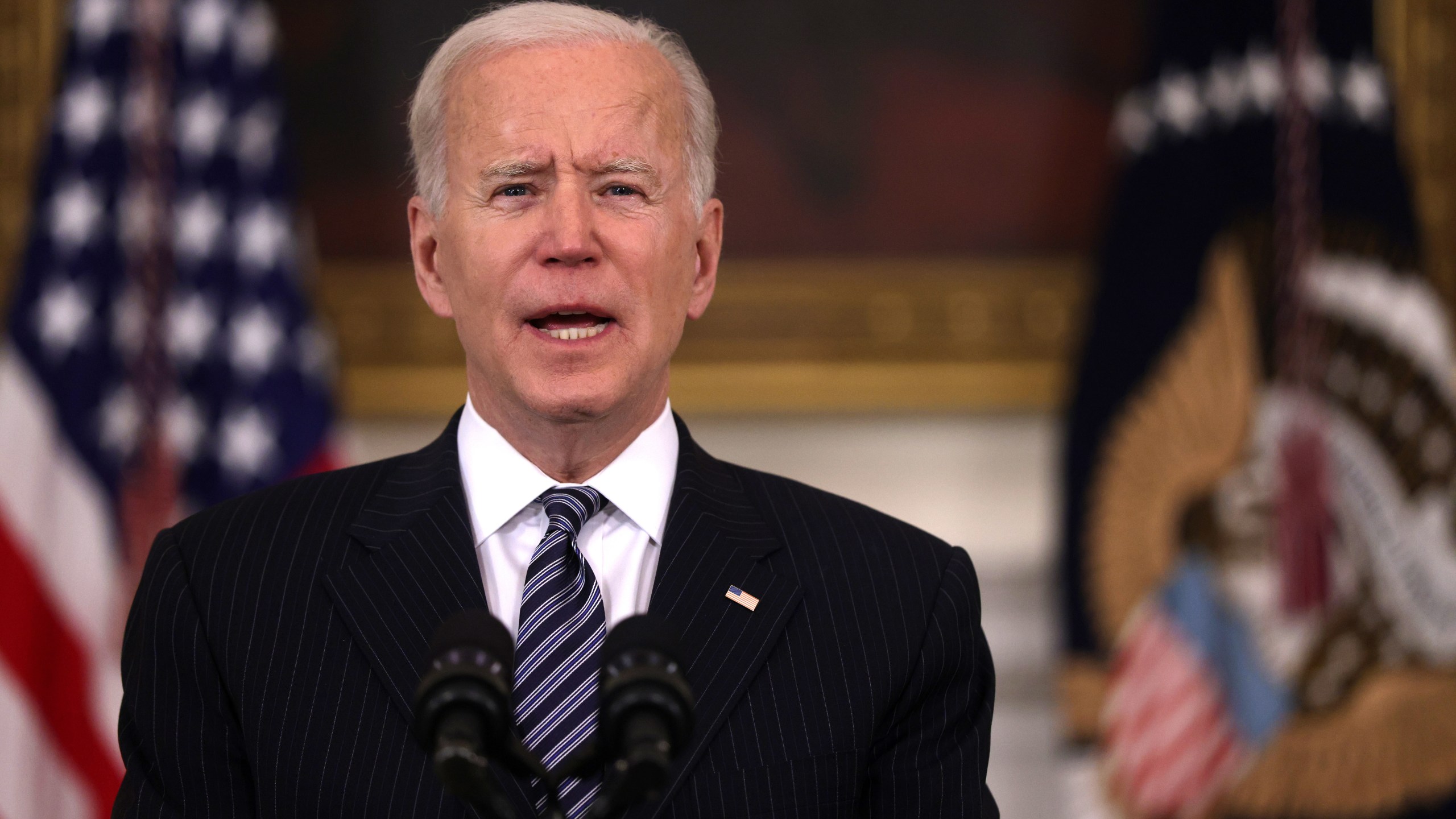 U.S. President Joe Biden delivers remarks on the state of vaccinations in the U.S. in the State Dining Room of the White House on April 6, 2021. (Alex Wong/Getty Images)