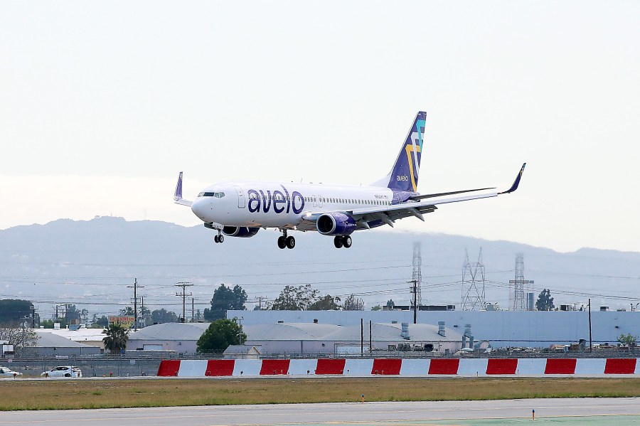 An Avelo Airlines aircraft is seen at Hollywood Burbank Airport on April 7, 2021. (Joe Scarnici/Getty Images for Avelo)