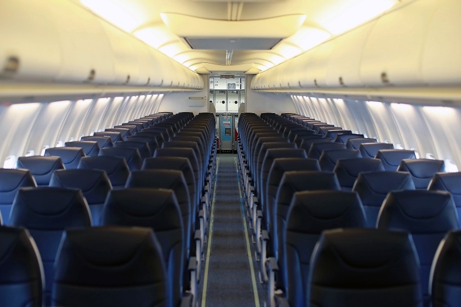 The interior of an Avelo Airlines aircraft seen at Hollywood Burbank Airport on April 7, 2021. (Joe Scarnici/Getty Images for Avelo)