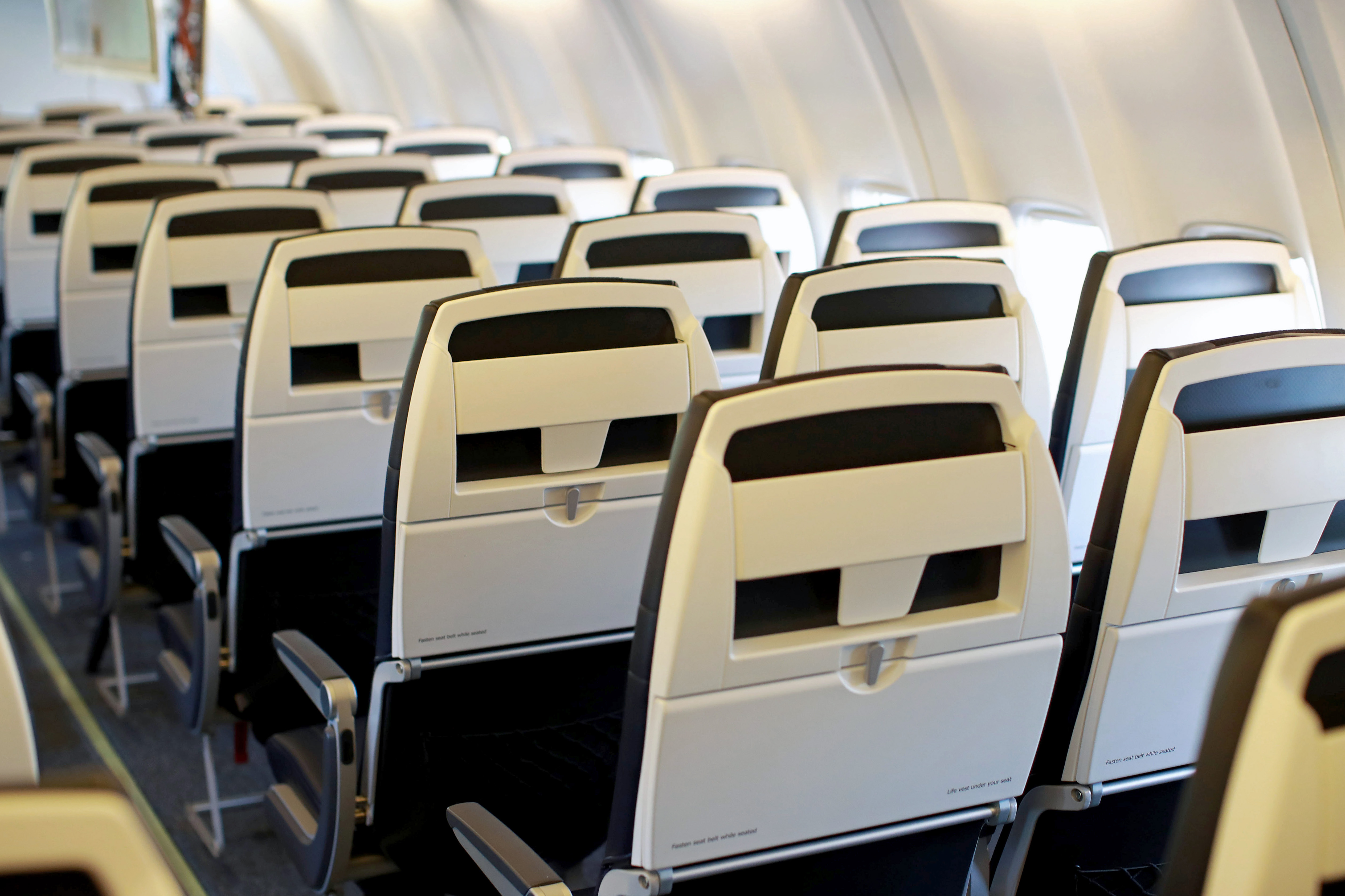 The interior of an Avelo Airlines aircraft seen at Hollywood Burbank Airport on April 7, 2021. (Joe Scarnici/Getty Images for Avelo)