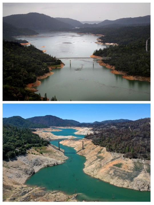 In this composite image a comparison has been made between an aerial view of California when the state's severe drought emergency was lifted in 2017 (top) and a week after California Gov. Gavin Newsom declared a drought emergency in two counties in 2021 (bottom). (Justin Sullivan/Getty Images)