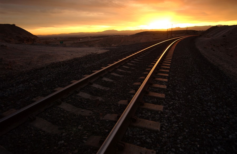 Railroad ties recede into the distance, Feb. 7, 2002, north of Las Vegas, Nevada. (David McNew/Getty Images)