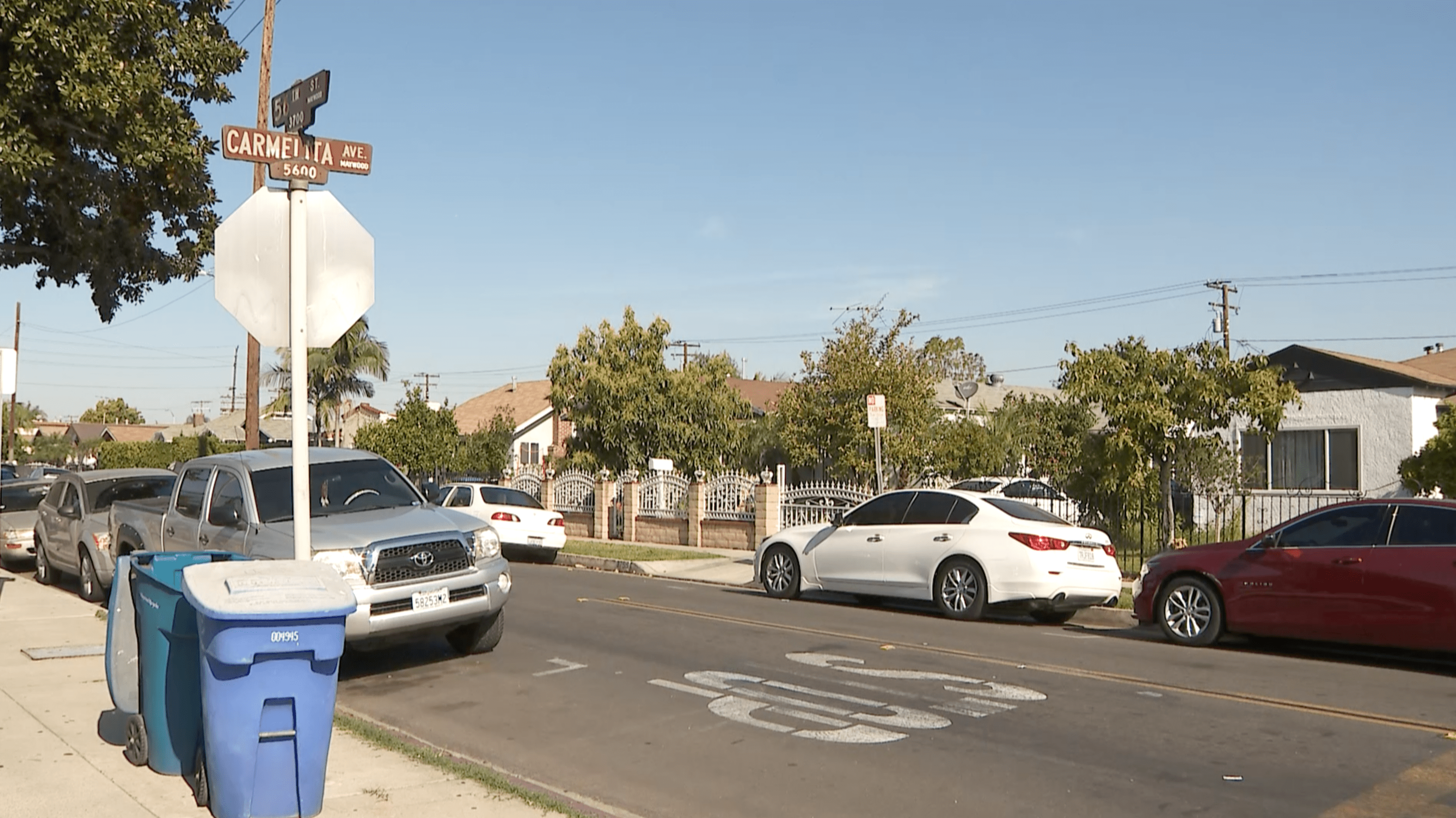 The 3700 block of E. 56th Street in Maywood is seen on April 4, 2021. A man and woman were shot in the area the night before. (KTLA)