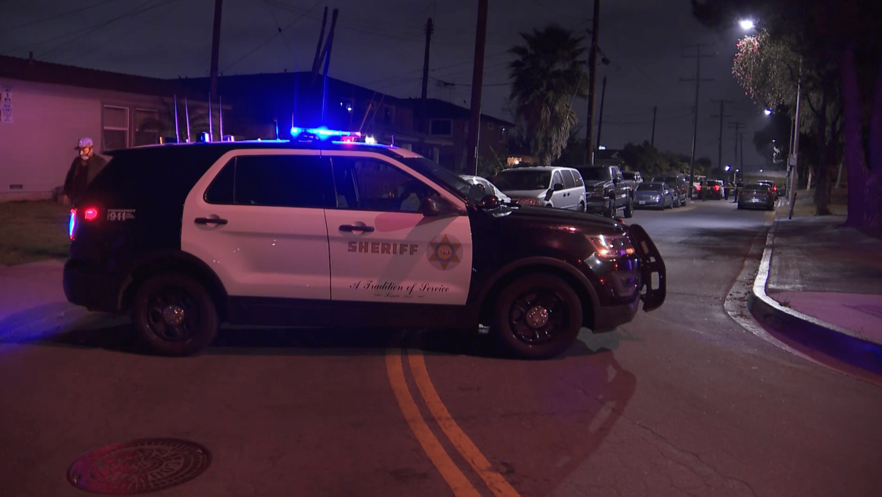 Los Angeles County Sheriff’s Department respond to the 5200 block of Clara Street in Cudahy after a boy was shot on April 17, 2021. (KTLA)