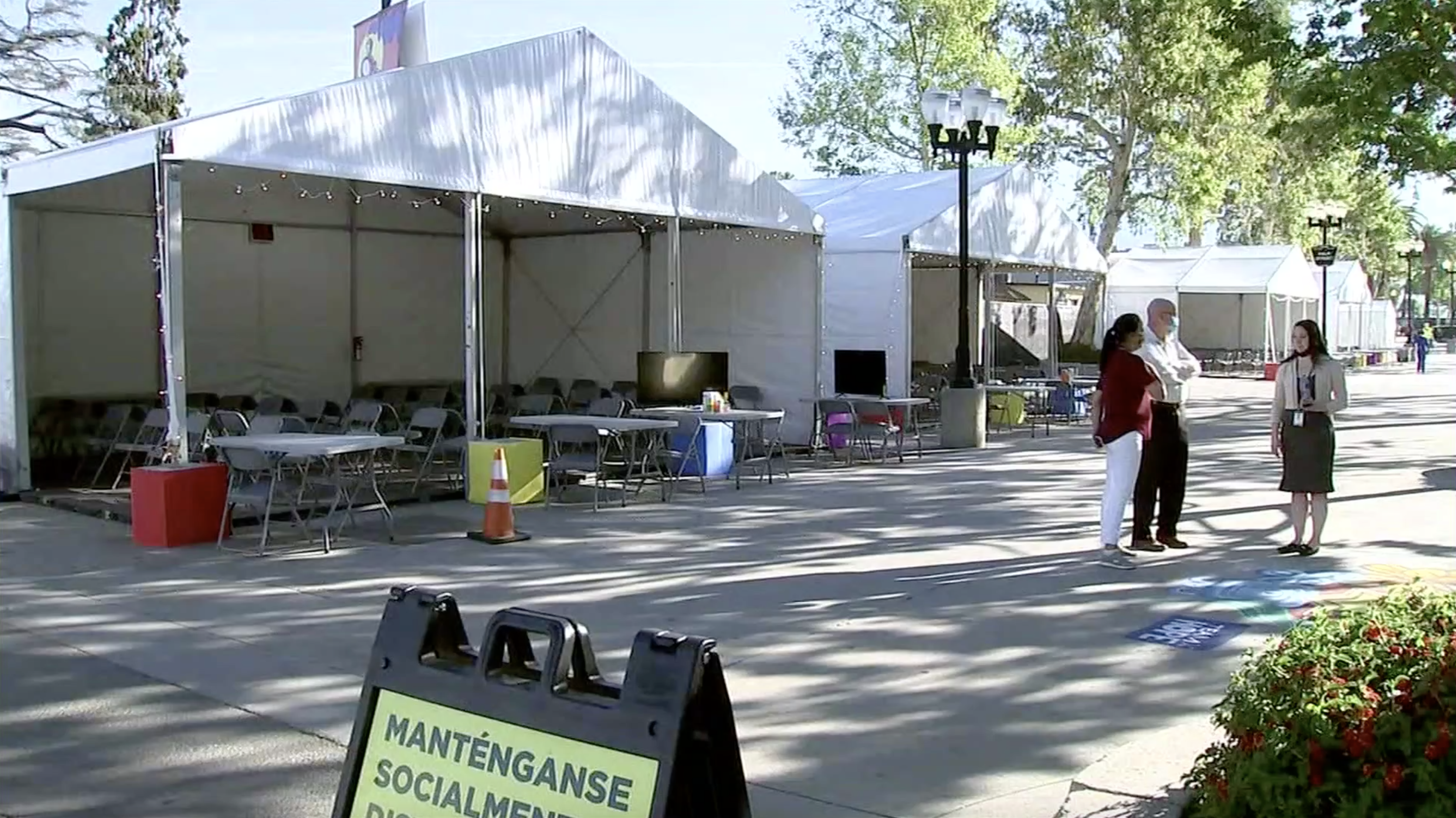 An area for migrant children at the Pomona Fairplex is seen on April 30, 2021. (KTLA)