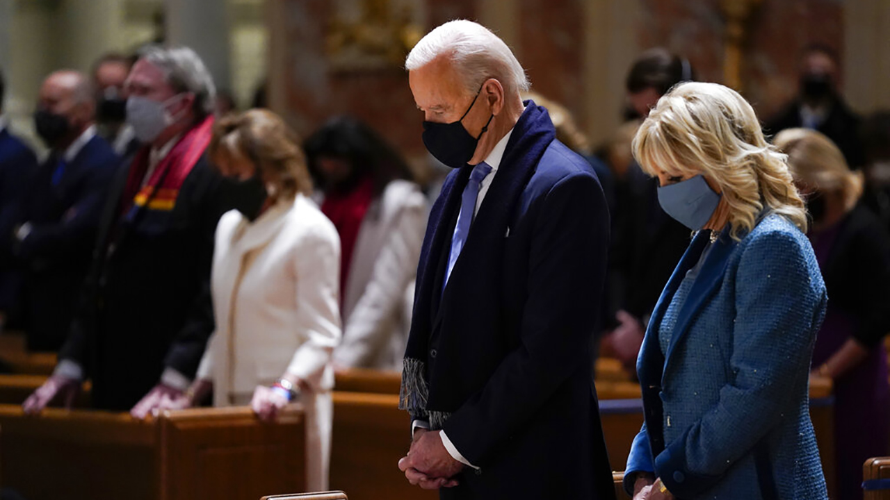 President-elect Joe Biden and his wife, Jill Biden, attend Mass at the Cathedral of St. Matthew the Apostle during Inauguration Day ceremonies in Washington on Jan 20, 2021. (Evan Vucci / Associated Press)