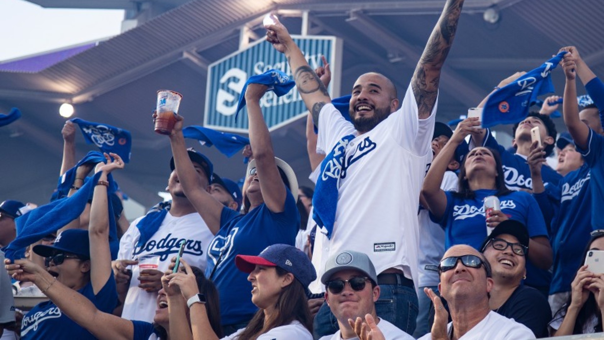 Fans cheer during Game 1 of the NLDS against the Washington Nationals at Dodger Stadium on October 3, 2019 in Los Angeles, California, the last series played with fans in attendance. (Gina Ferazzi / Los Angeles Times)