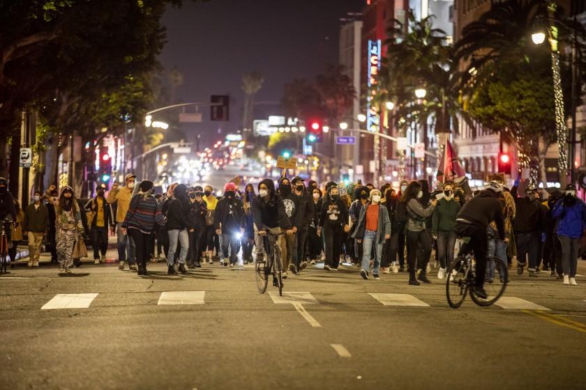 Participants march peacefully in Hollywood to demand justice for Daunte Wright and Adam Toledo on April 17, 2020.(Francine Orr/Los Angeles Times)