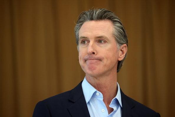 California Gov. Gavin Newsom looks on during a news conference on March 16, 2021 in Alameda, California. (Justin Sullivan/Getty Images)