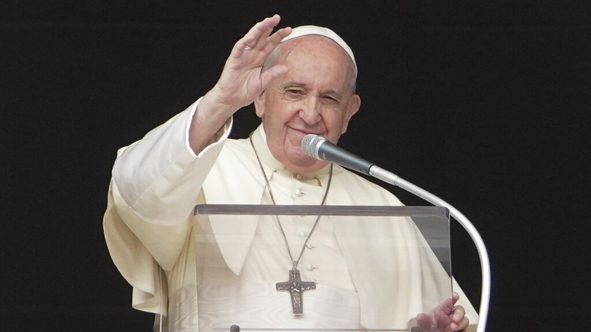 In this Sept. 20, 2020 file photo, Pope Francis delivers his blessing as he recites the Angelus noon prayer from the window of his studio overlooking St.Peter's Square, at the Vatican. (AP Photo/Andrew Medichini)