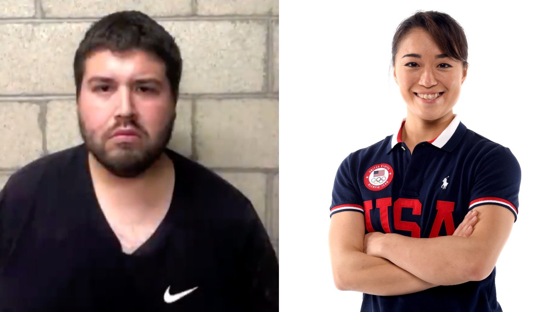 From left to right: Michael Vivona, 25, appears in a photo released by the Orange Police Department on April 19, 2021. Sakura Kokumai poses for a portrait during the Team USA Tokyo 2020 Olympic shoot on Nov. 22, 2019, in West Hollywood (Getty Images). According to police, Vivona threatened Kokumai at a park in Orange on April 1.