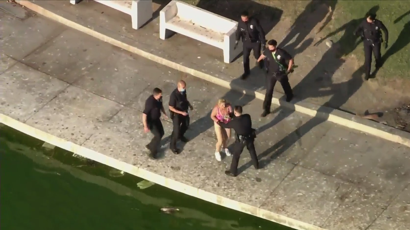 Police take a woman into custody following a standoff at MacArthur Park Lake on April 2, 2021. (KTLA)