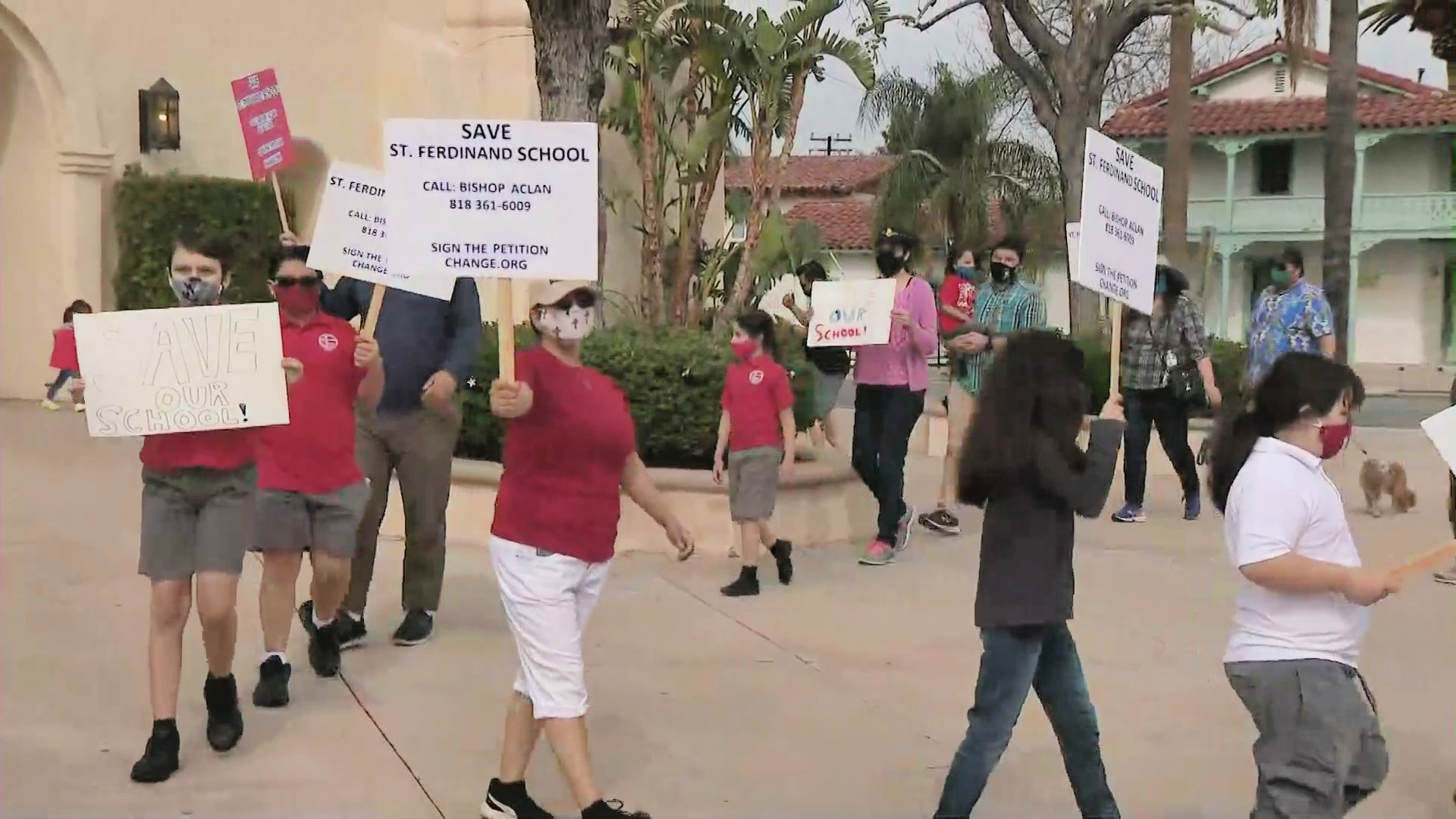 Parents rally to save a San Fernando Catholic School on April 11, 2021. (KTLA)