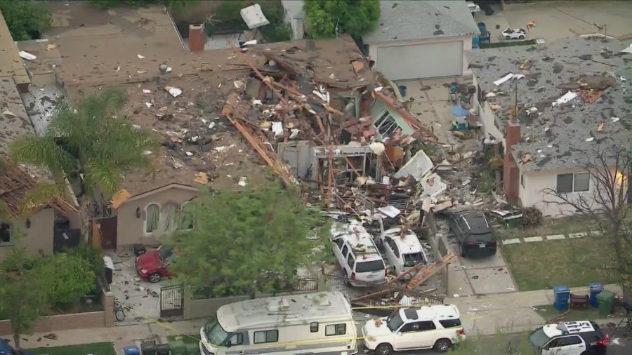 The aftermath of an explosion in Valley Glen is seen on April 12, 2021. (KTLA)