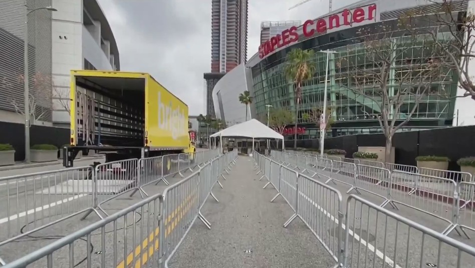 Staples Center in downtown Los Angeles appears a day before reopening, on April 14, 2021. (KTLA)