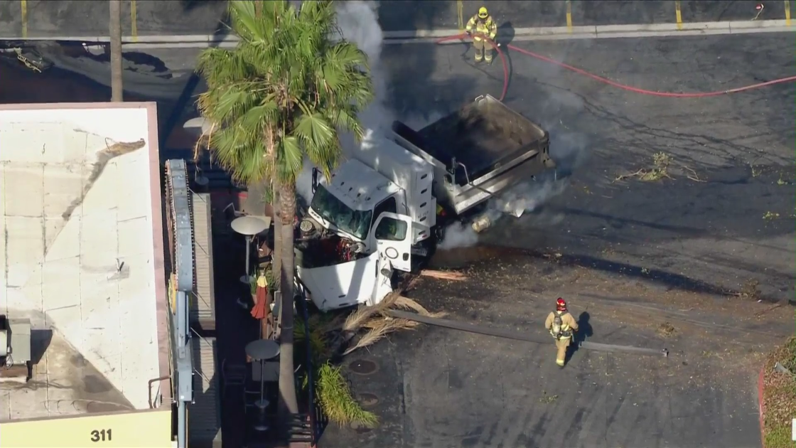 A truck involved in a pursuit crashed in El Segundo on April 8, 2021. (KTLA)