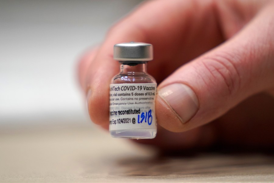 This Jan. 24, 2021, file photo shows a vial of the Pfizer vaccine for COVID-19 in Seattle. (AP Photo/Ted S. Warren, File)