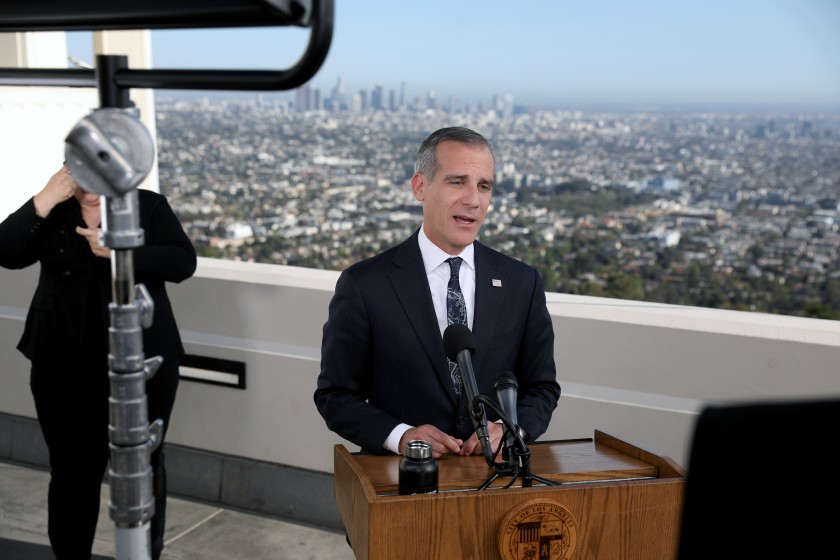 Mayor Eric Garcetti delivers his State of the City address from the Griffith Observatory on April 19, 2021.(Gary Coronado / Los Angeles Times)