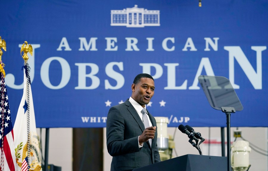 Environmental Protection Agency (EPA) Administrator Michael Regan, speaks at Guilford Technical Community College, Monday, April 19, 2021, in Jamestown, N.C., about the Biden administration's American Jobs Plan. (AP Photo/Carolyn Kaster)