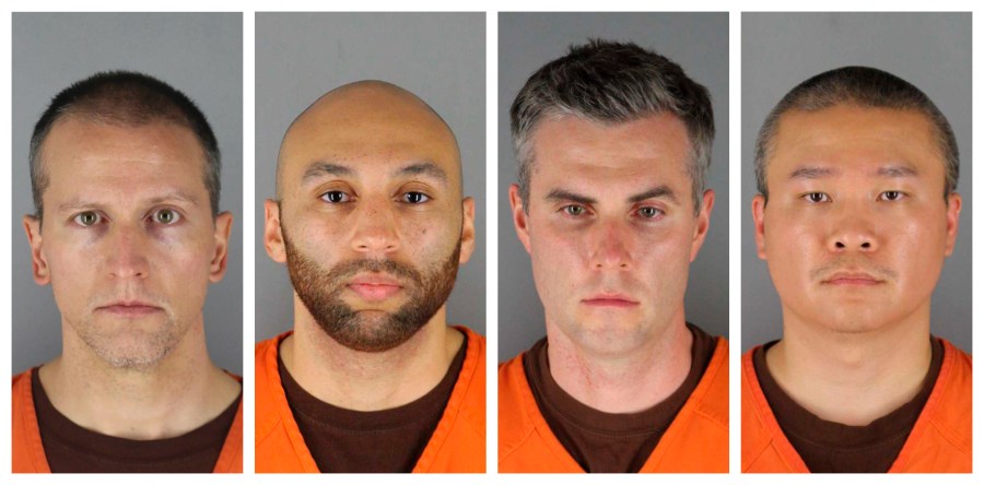 This combination of photos provided by the Hennepin County Sheriff's Office in Minnesota on June 3, 2020, shows Minneapolis Police Officers Derek Chauvin, from left, J. Alexander Kueng, Thomas Lane and Tou Thao. (Hennepin County Sheriff's Office via AP, File)