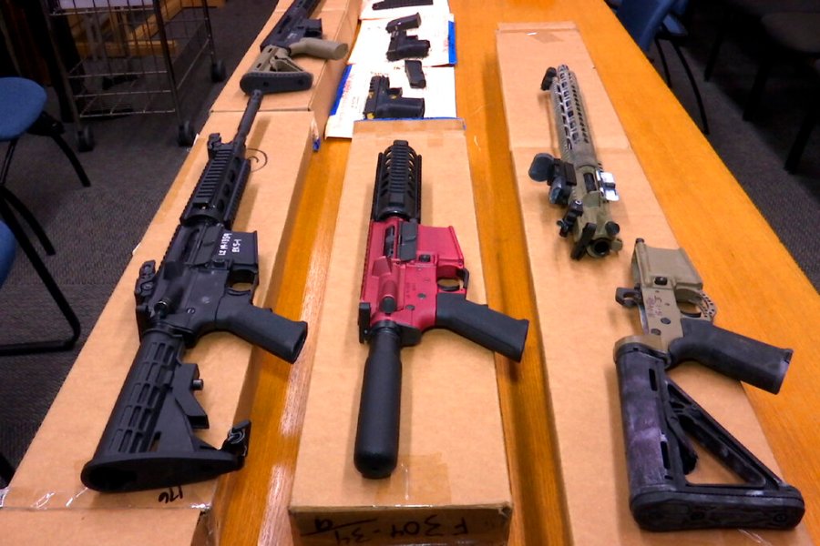 This Nov. 27, 2019, file photo shows "ghost guns" on display at the headquarters of the San Francisco Police Department in San Francisco. (AP Photo/Haven Daley, File)