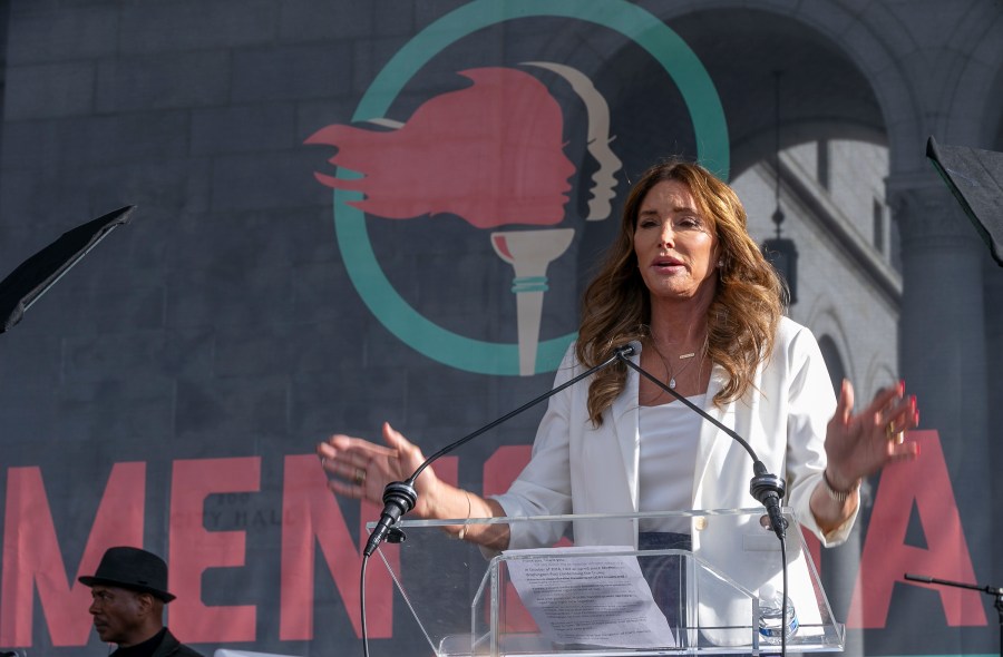 In this Jan. 18, 2020, file photo, Caitlyn Jenner speaks at the fourth Women's March in Los Angeles. (AP Photo/Damian Dovarganes, File)