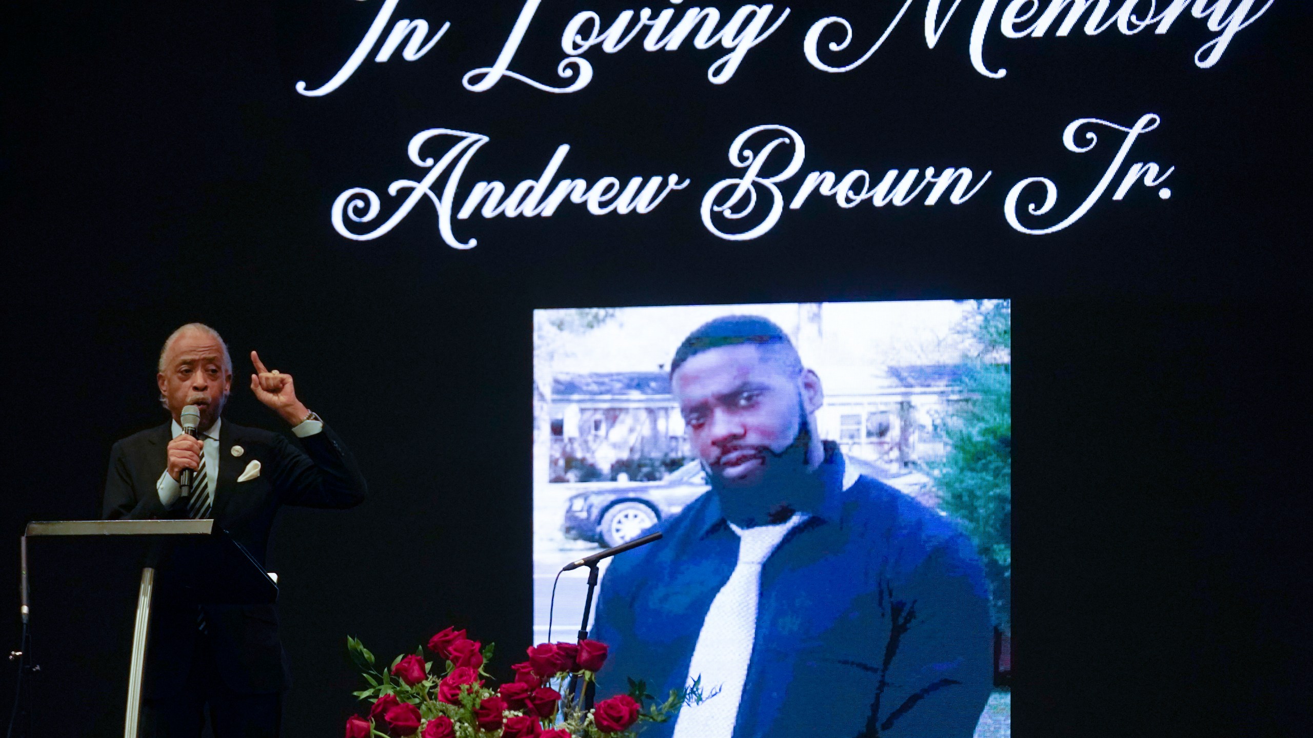 Rev. Al Sharpton speaks during the funeral for Andrew Brown Jr., Monday, May 3, 2021 at Fountain of Life Church in Elizabeth City, N.C. Brown was fatally shot by Pasquotank County Sheriff deputies trying to serve a search warrant. (AP Photo/Gerry Broome)