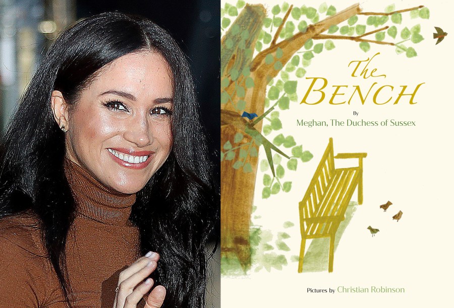 This combination photo shows Meghan, Duchess of Sussex, leaving Canada House in London on Jan. 7, 2020, left, and cover art for her upcoming children's book "The Bench," with pictures by Christian Robinson. The book will publish on June 8. (Associated Press, left, and Random House Children’s Books)