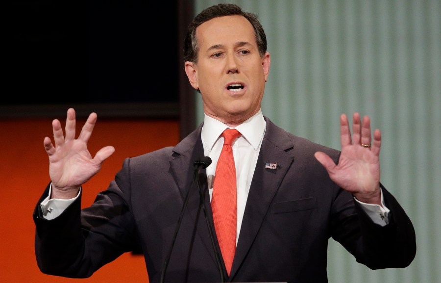 Republican presidential candidate, former Pennsylvania Sen. Rick Santorum speaks during the Fox Business Network Republican presidential debate in North Charleston, S.C. on Jan. 14, 2016. (AP Photo/Chuck Burton, File)