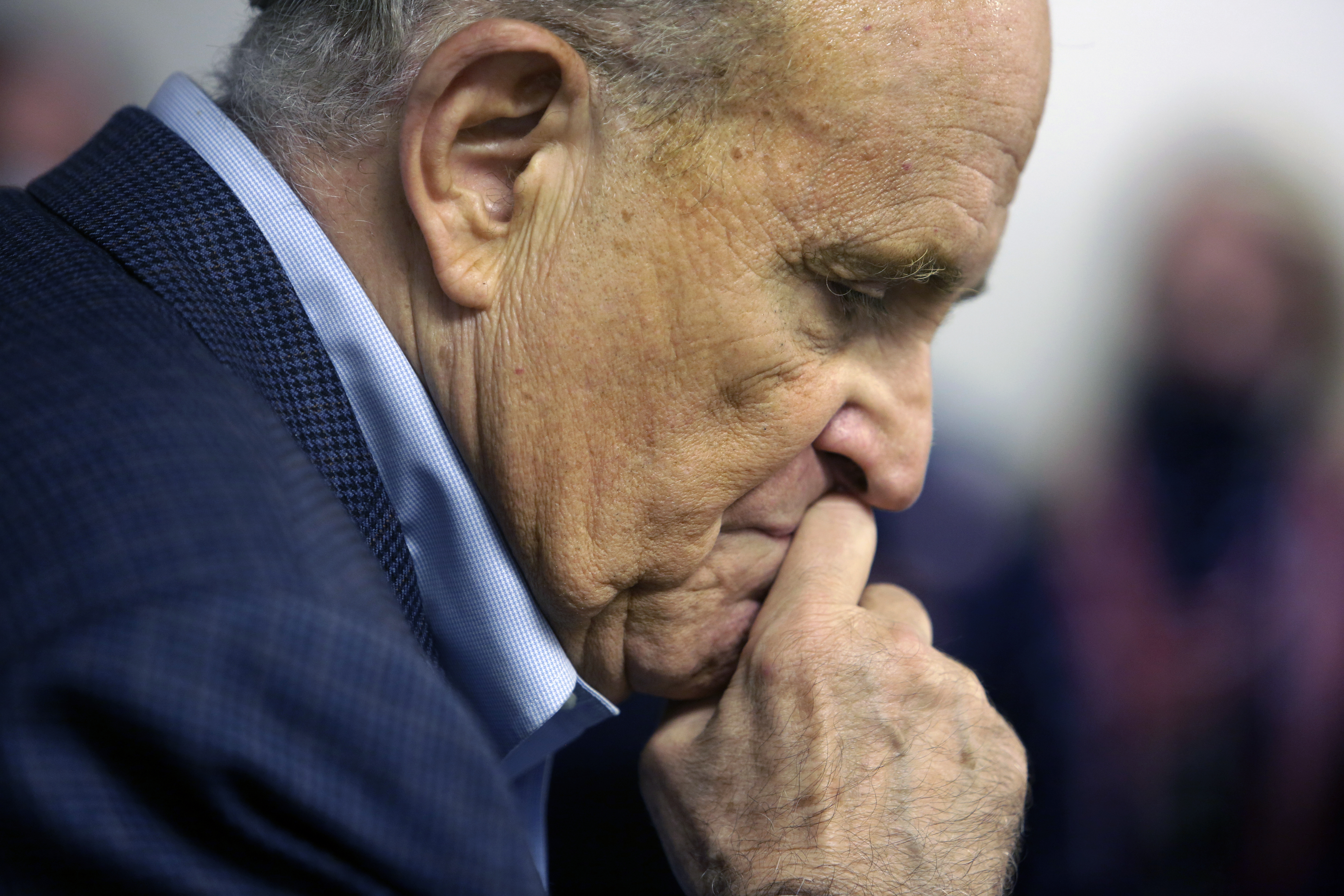 Former New York Mayor Rudy Giuliani pauses while addressing supporters of President Donald Trump during a Columbus Day gathering at a Trump campaign field office in Philadelphia on Oct. 12, 2020. (Jacqueline Larma / Associated Press)