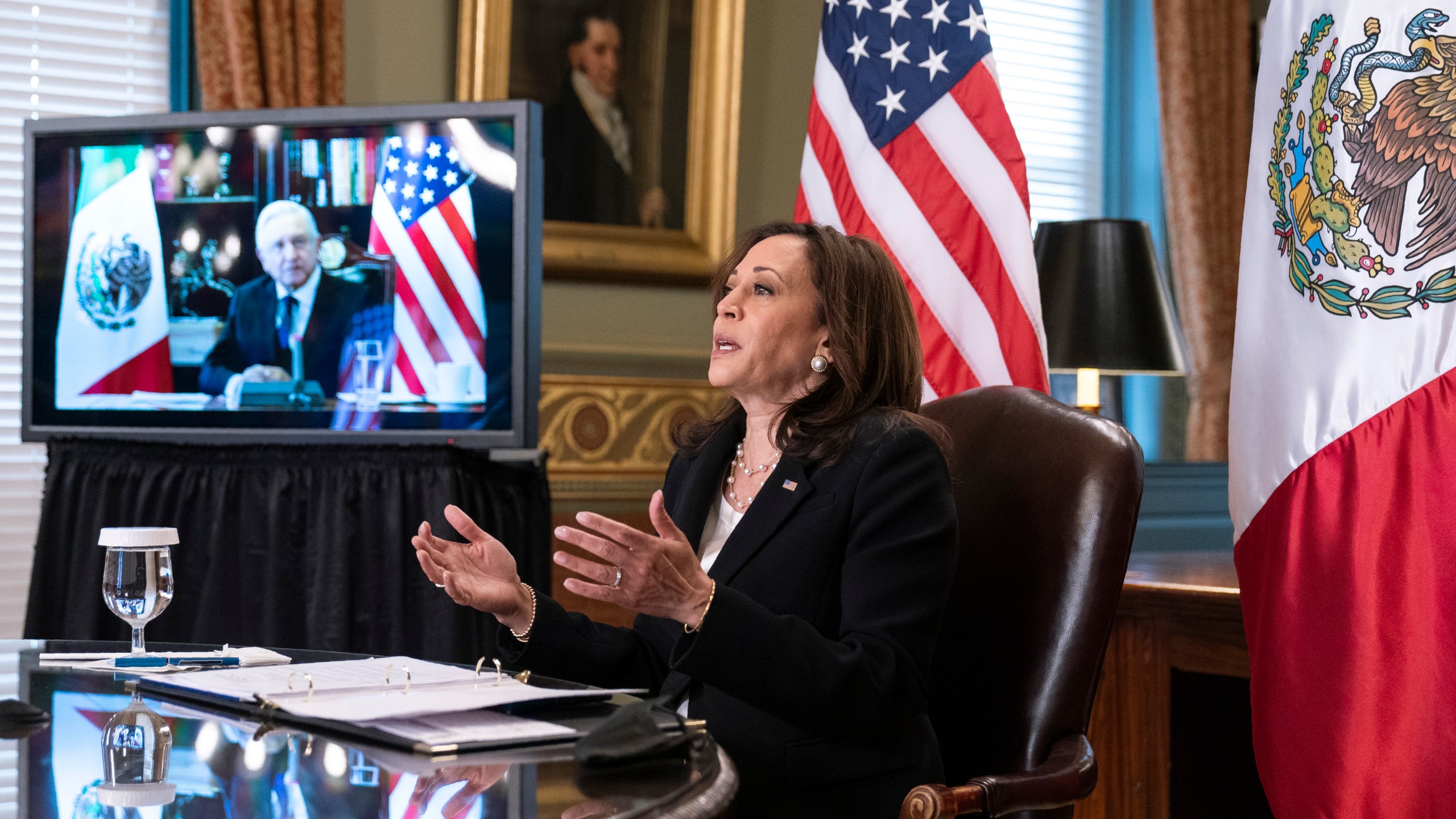 Vice President Kamala Harris speaks during a virtual meeting with Mexican President Andres Manuel Lopez Obrador at the Eisenhower Executive Office Building at the White House on May 7, 2021. (Manuel Balce Ceneta/Associated Press)