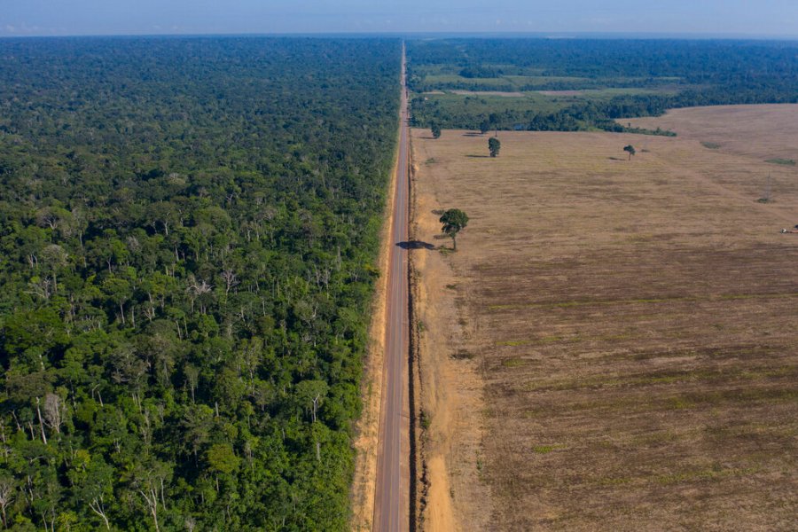 In this Nov. 25, 2019 file photo, highway BR-163 stretches between the Tapajos National Forest, left, and a soy field in Belterra, Para state, Brazil. (AP Photo/Leo Correa, File)