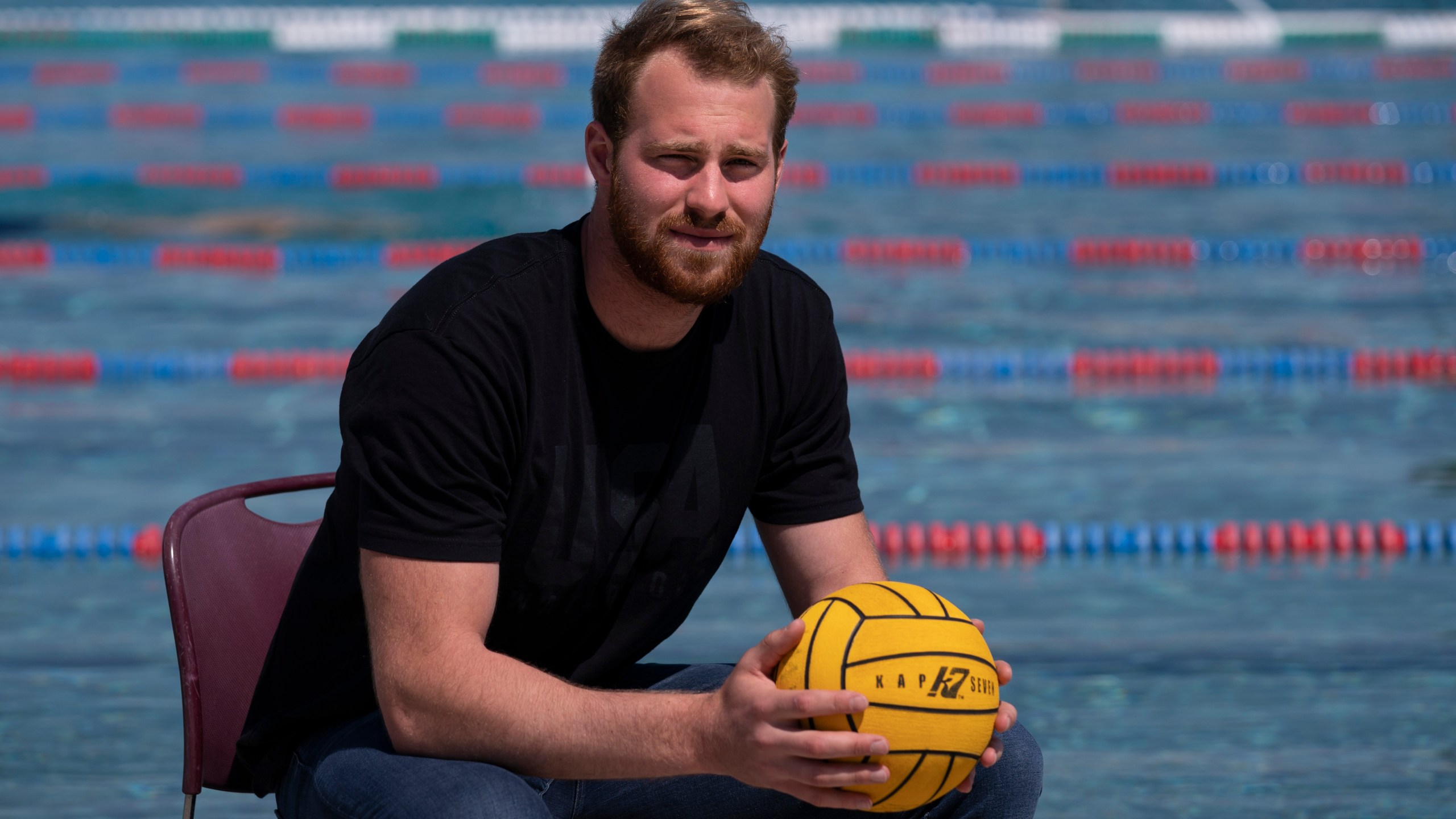 Water polo player Marko Vavic poses for photos at MWR Aquatic Training Center in Los Alamitos, Calif., on April 27, 2021. (AP Photo/Jae C. Hong)