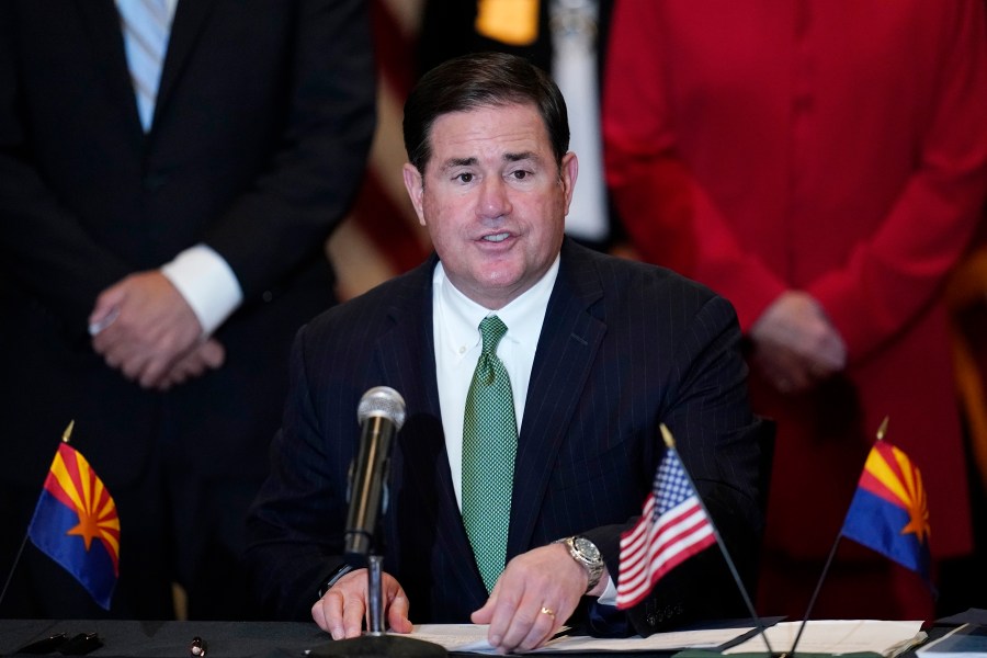 Arizona Republican Gov. Doug Ducey speaks during a bill signing in Phoenix on April 15, 2021. (Ross D. Franklin / Associates Press)