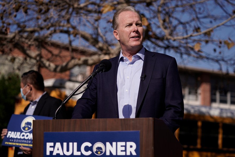 In this Feb. 2, 2021, file photo, Republican gubernatorial candidate Kevin Faulconer speaks during a news conference in the San Pedro section of Los Angeles. Faulconer announced Wednesday, May 12, 2021, that he wants to eliminate state income tax for some low- and middle-income people if he's elected. He would need support in the Democratically controlled state Legislature. (AP Photo/Jae C. Hong, File)