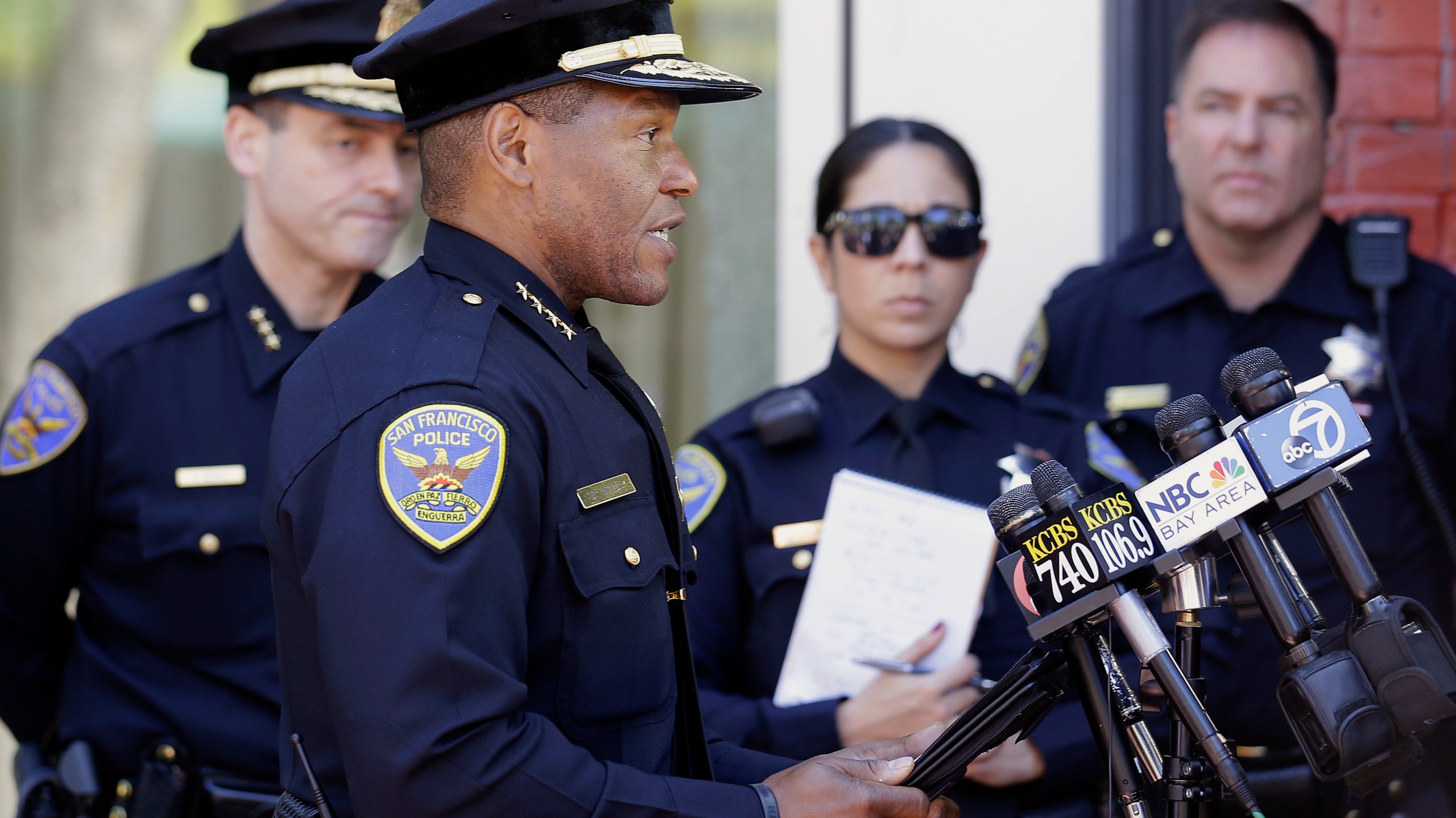 In this May 3, 2017, file photo, San Francisco Police Chief Bill Scott speaks to reporters in San Francisco. Scott apologized Thursday, May 13, 2021, for a police shooting last week that injured a burglary suspect. The man, was shot in the wrist by a plainclothes officer as he was being arrested. (AP Photo/Jeff Chiu, File)