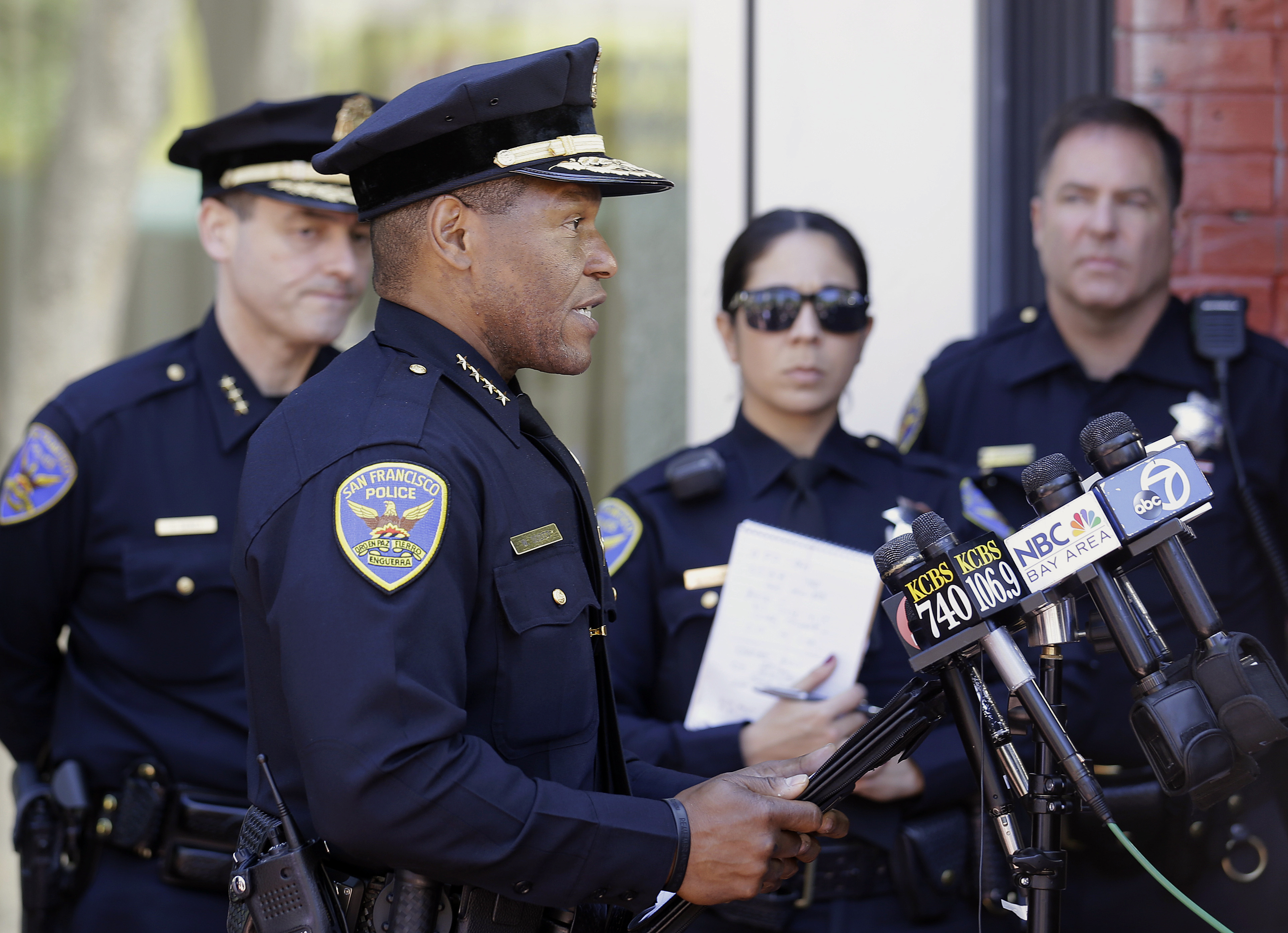 In this May 3, 2017, file photo, San Francisco Police Chief Bill Scott speaks to reporters in San Francisco. Scott apologized Thursday, May 13, 2021, for a police shooting last week that injured a burglary suspect. The man, was shot in the wrist by a plainclothes officer as he was being arrested. (AP Photo/Jeff Chiu, File)