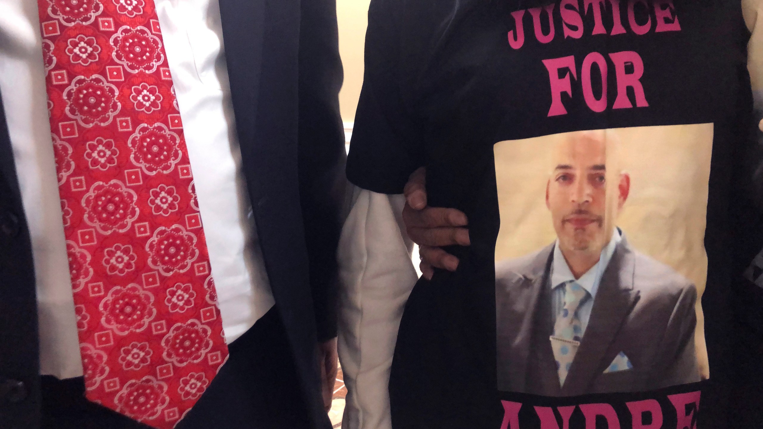 Andre Hill, fatally shot by Columbus police on Dec. 22, 2020 is memorialized on a shirt worn by his daughter, Karissa Hill, on Thursday, Dec. 31, 2020, in Columbus, Ohio. (Andrew Welsh-Huggins/Associated Press)