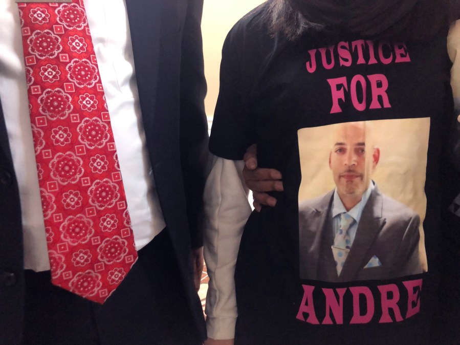 Andre Hill, fatally shot by Columbus police on Dec. 22, 2020 is memorialized on a shirt worn by his daughter, Karissa Hill, on Thursday, Dec. 31, 2020, in Columbus, Ohio. (Andrew Welsh-Huggins/Associated Press)