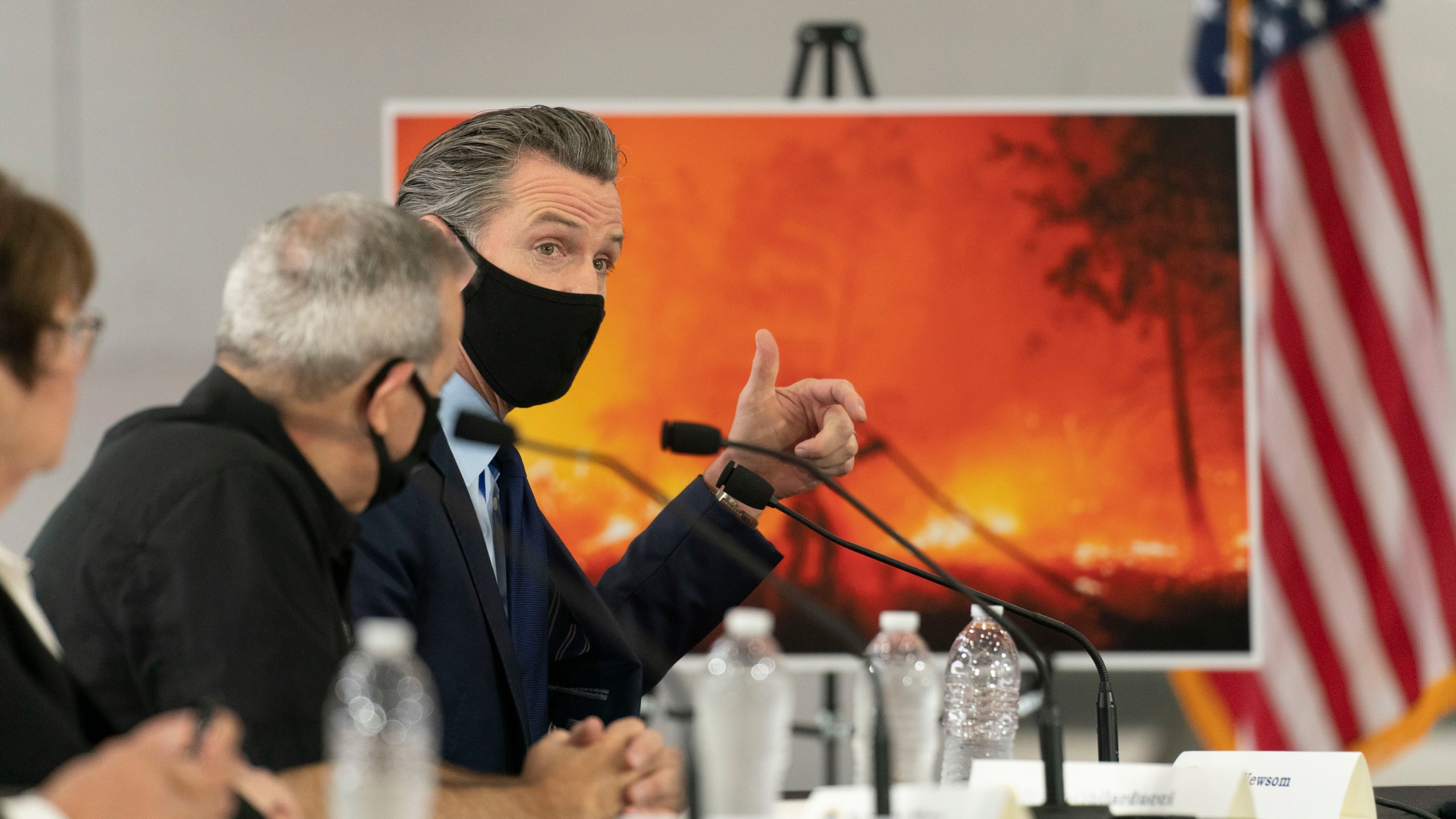 California Gov. Gavin Newsom speaks about wildfires during a briefing with then President Donald Trump at Sacramento McClellan Airport in McClellan Park, Calif., on Sept. 14, 2020. (Andrew Harnik / Associated Press)