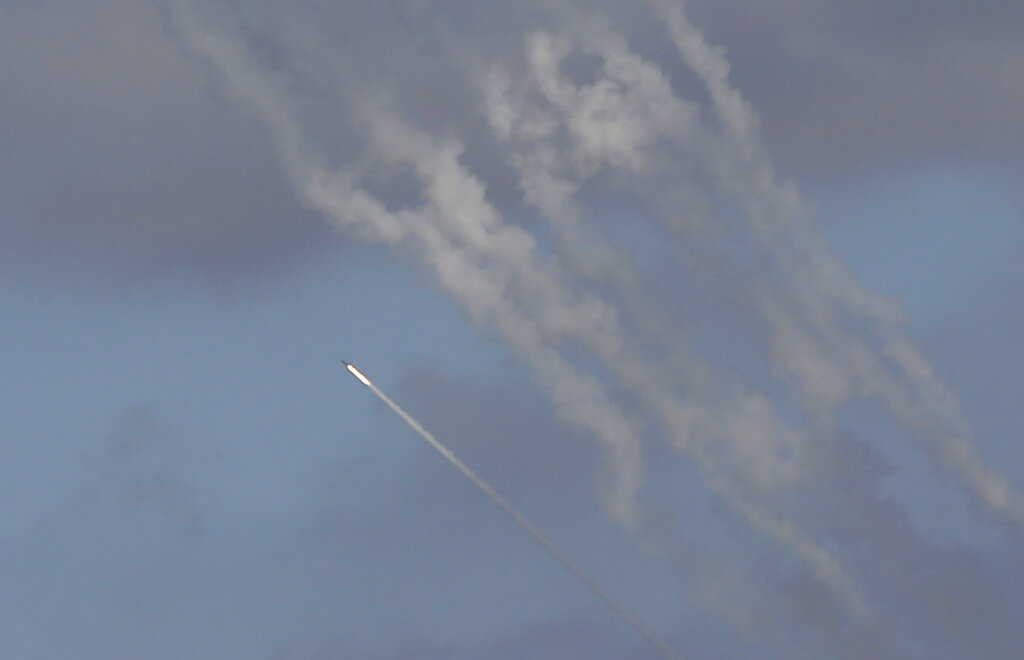 Rockets are launched from the Gaza Strip to Israel, Monday, May 17, 2021. (AP Photo/Hatem Moussa)