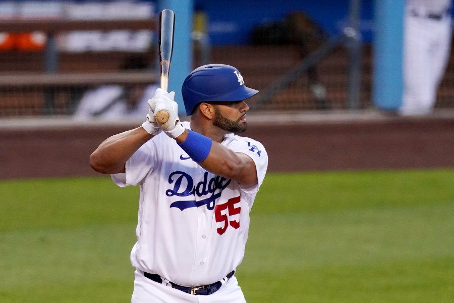 Los Angeles Dodgers' Albert Pujols bats during the first inning of a baseball game against the Arizona Diamondbacks on May 17, 2021, in Los Angeles. (AP Photo/Mark J. Terrill)