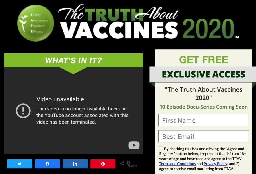 This,May 19, 2021, image made from The Truth About Vaccines website, run by Ty and Charlene Bollinger, shows a message indicating one of their YouTube accounts has been shut down. The major online seller of disinformation about COVID-19 and its vaccines has had one of its channels removed from YouTube, days after an Associated Press investigation detailed how they work with other spreaders of false information to make money. (AP Photo)