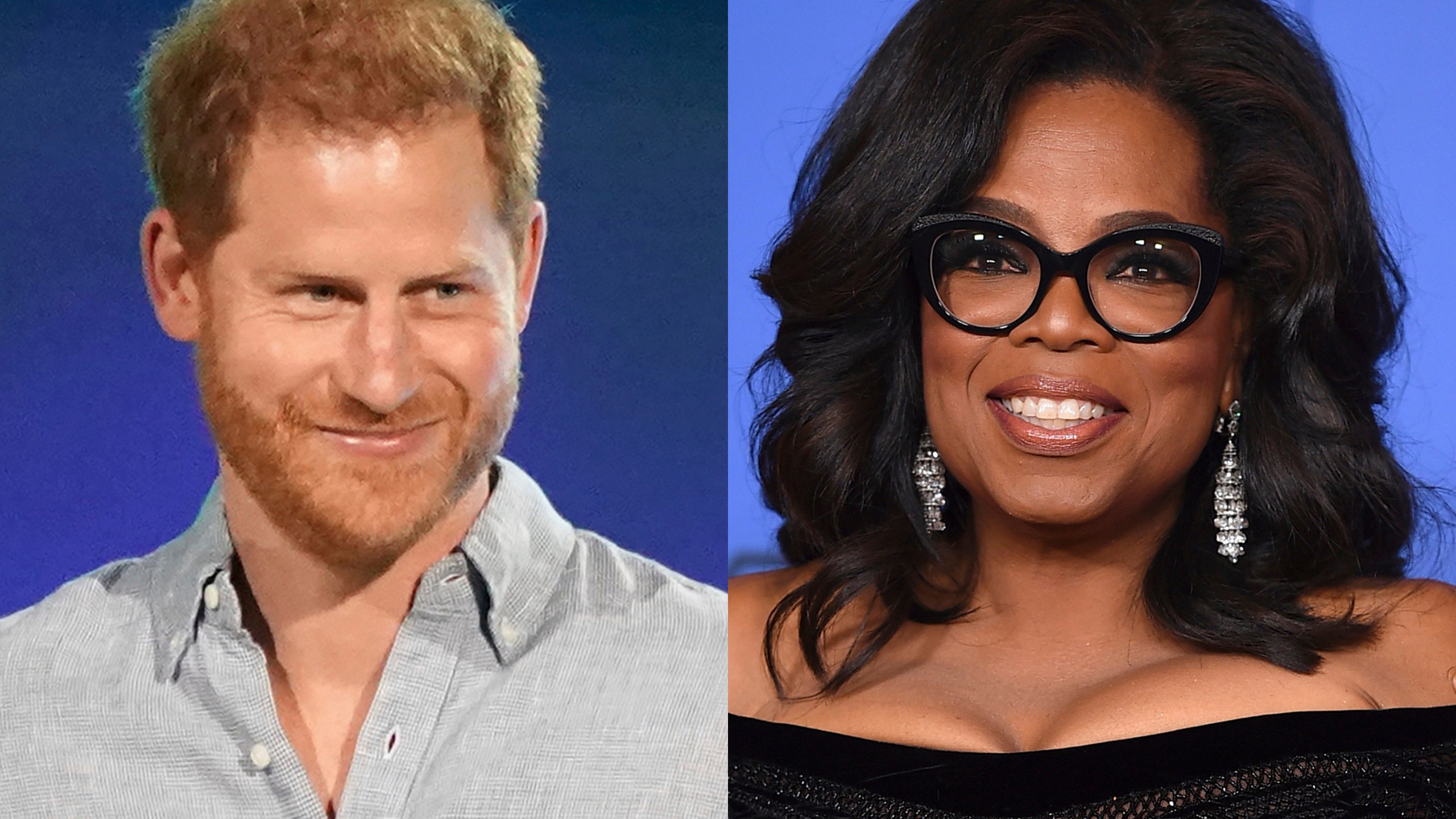 Prince Harry, Duke of Sussex speaks at "Vax Live: The Concert to Reunite the World" in Inglewood, Calif. on May 2, 2021, left, and Oprah Winfrey appears at the 75th annual Golden Globe Awards in Beverly Hills, Calif. on Jan. 7, 2018. Winfrey and Prince Harry's series "The Me You Can't See" will debut on May 21 on Apple TV+ plus. (AP Photo)