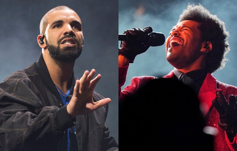 Drake performs onstage in Toronto on Oct. 8, 2016, left, and The Weeknd performs during the halftime show of the NFL Super Bowl 55 football game on Feb. 7, 2021, in Tampa, Fla. Drake, the most decorated winner in the history of the Billboard Music Awards, will be named artist of the decade and The Weeknd, who has 16 nominations, will perform on Sunday's show. (AP Photo)